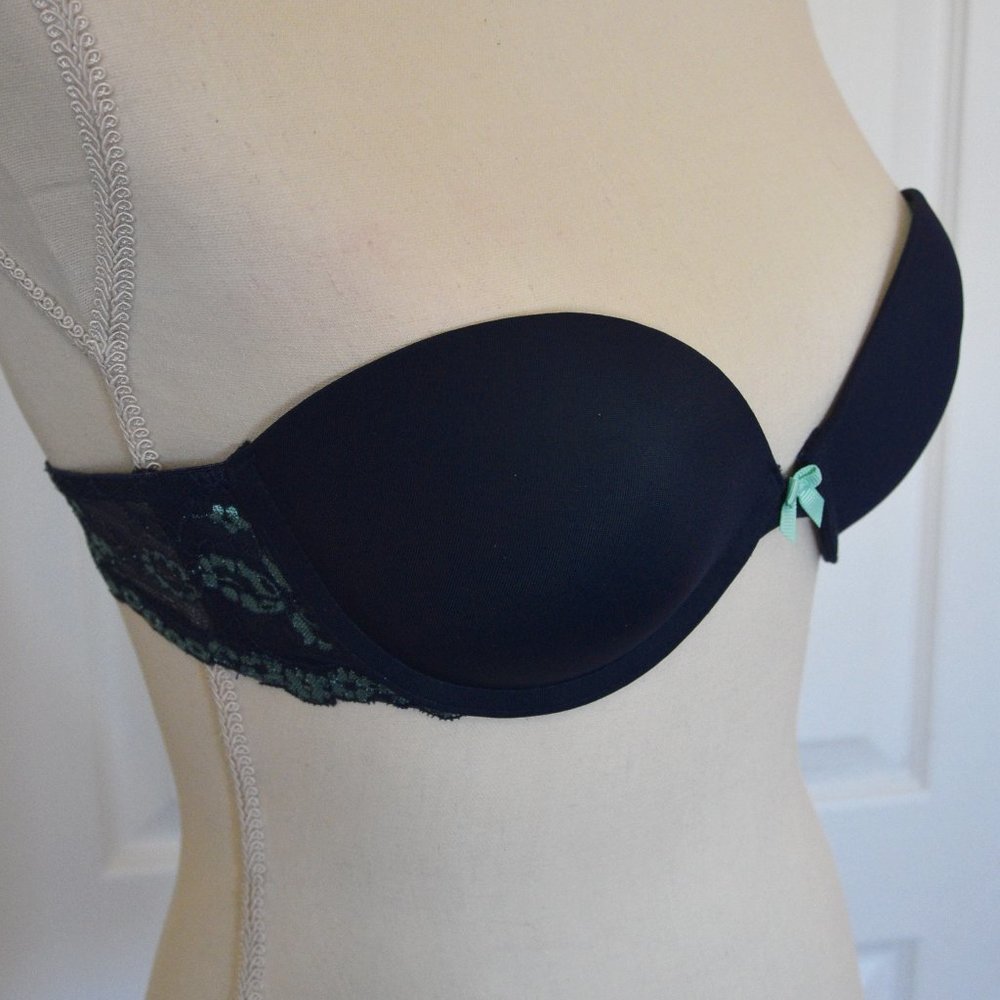 Maidenform Navy Blue Aqua Lace Satin Bow Strapless Bra Size 34B